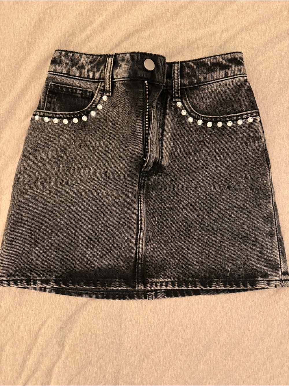 Alessandra Rich Black Denim Mini Skirt with Pearl Pocket Trim